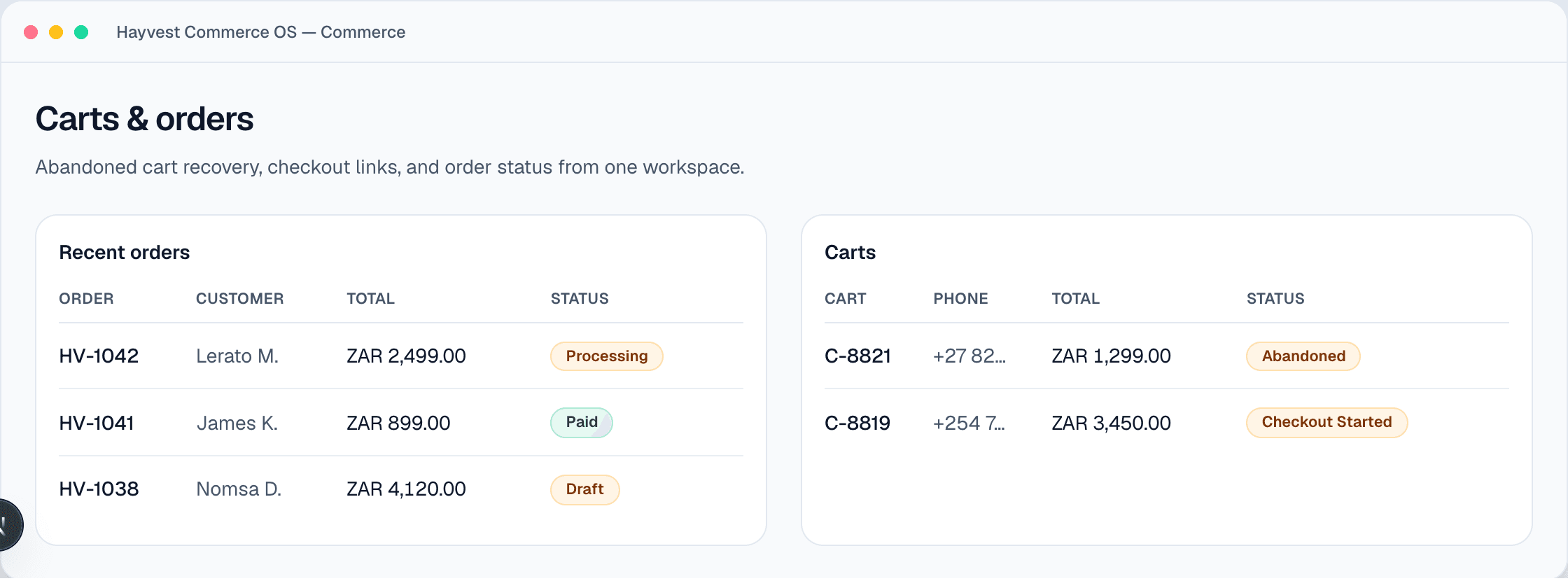 Hayvest commerce screen showing carts and orders with payment status