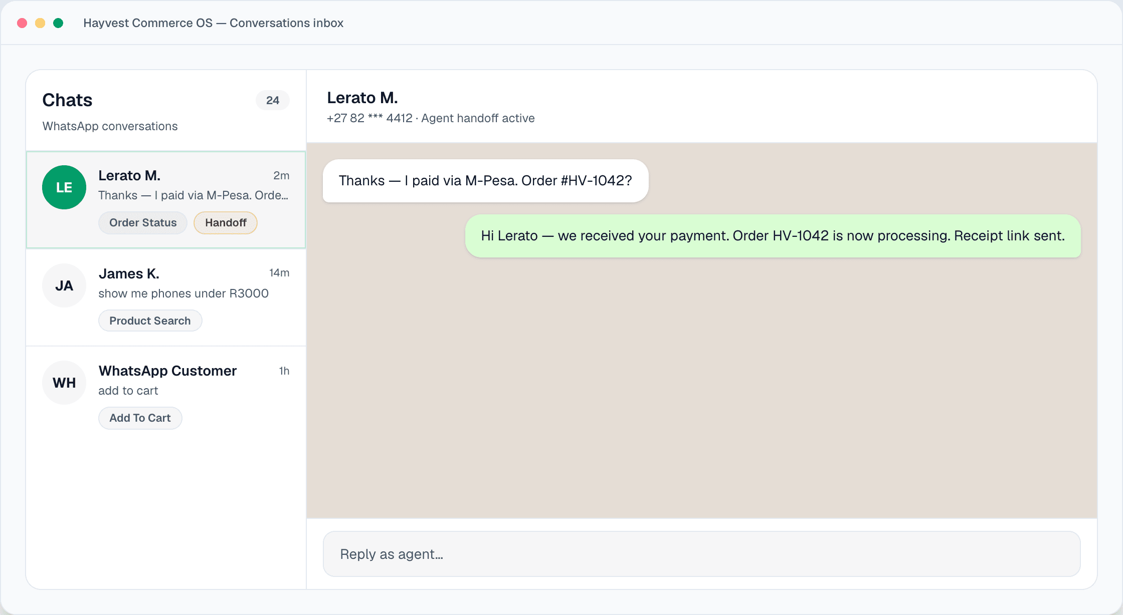 Hayvest conversations inbox with WhatsApp threads, intents, and agent reply
