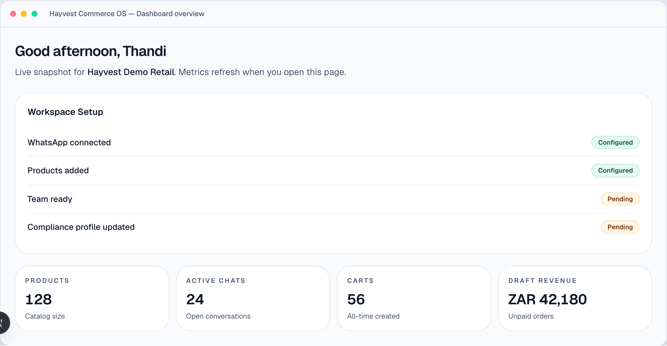 Hayvest merchant dashboard overview with workspace setup, metrics, and recent messages