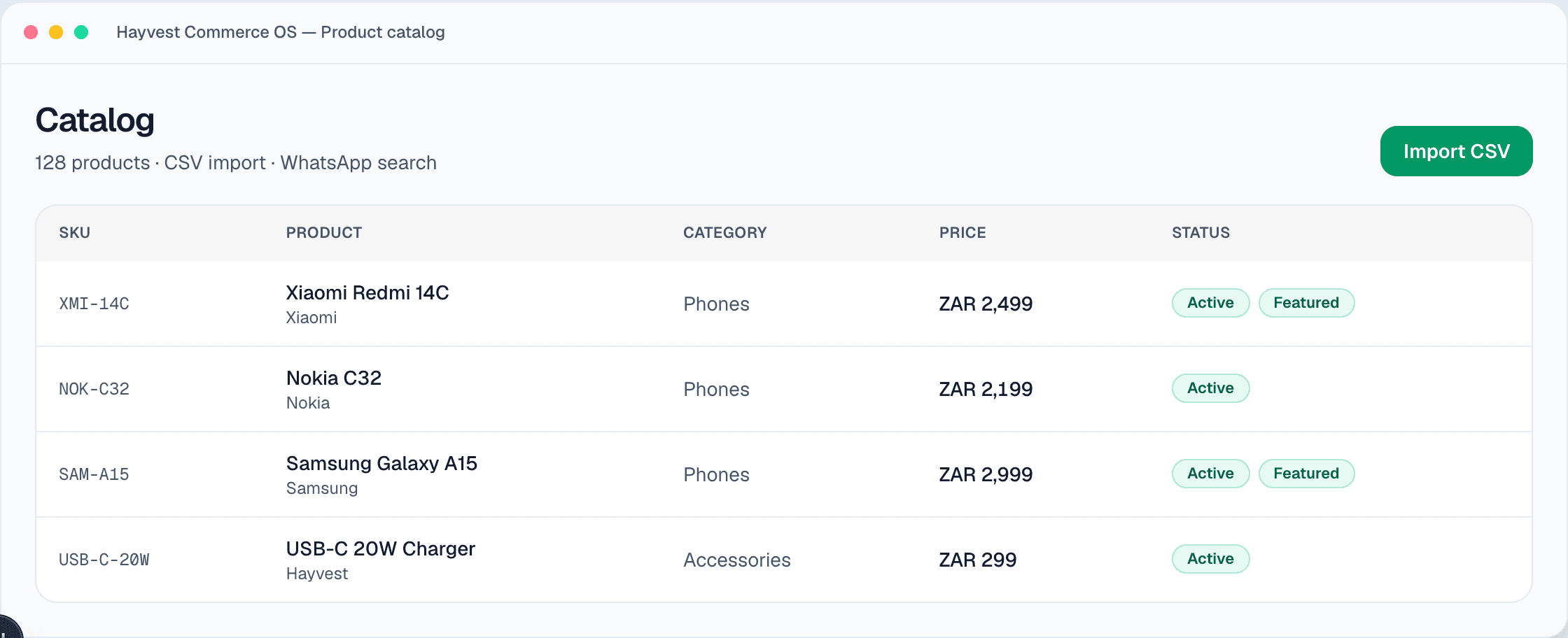 Product catalog with CSV import