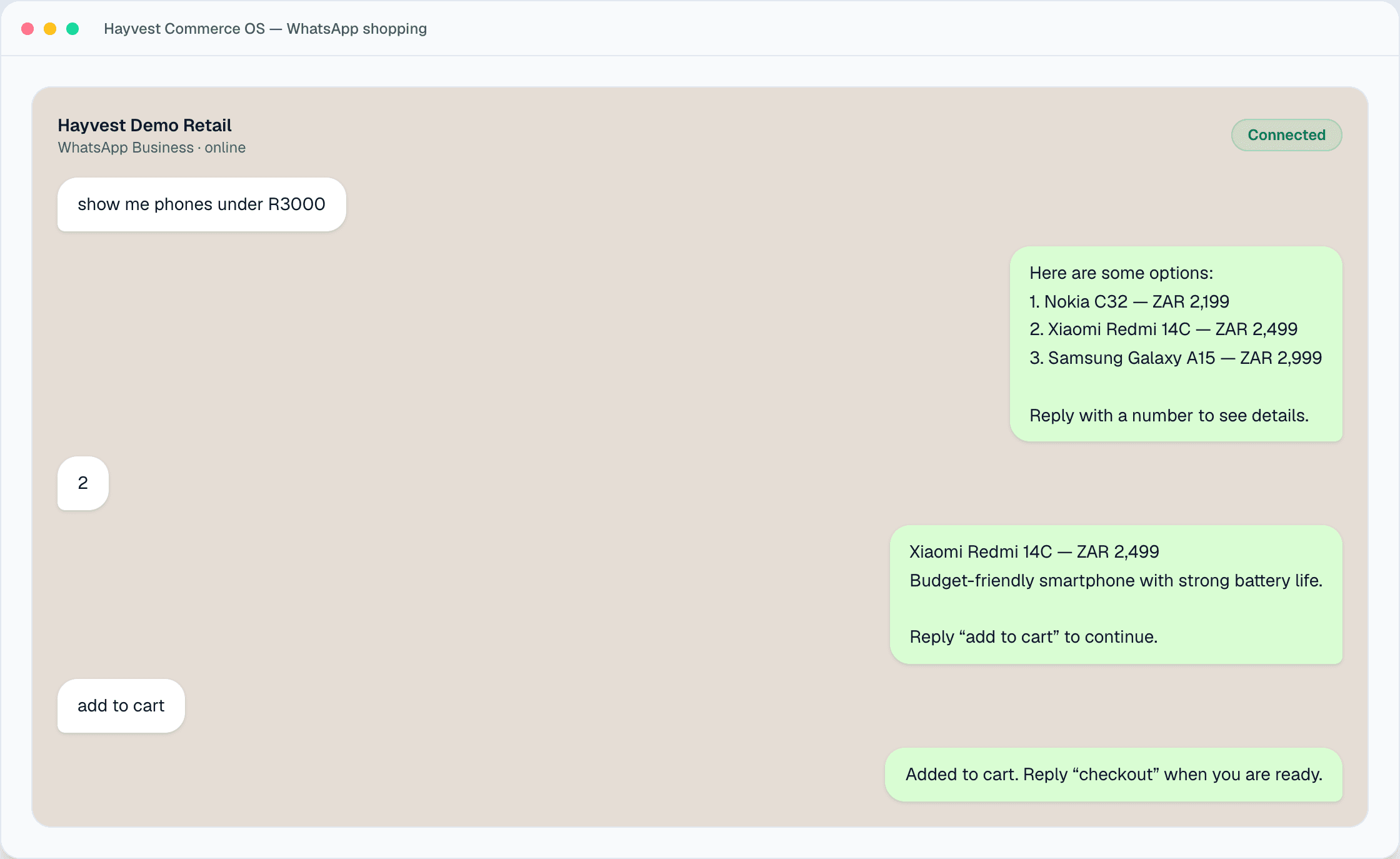 WhatsApp product search, selection, and add-to-cart conversation in Hayvest